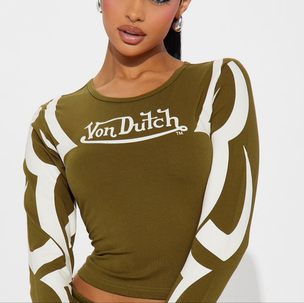 Von Dutch Olive Green Graphic Long Sleeve Tee